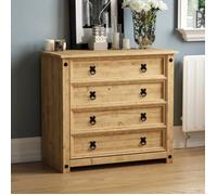 Commode rustique Corona en pin massif avec 4 tiroirs, finition cirée - Meuble de chambre