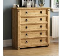 Commode rustique Corona en pin massif avec 5 tiroirs, finition cirée - Meuble de chambre