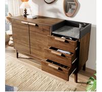 Commode Salon Décor chêne avec petit plateau effet marbre,Étagère ouverte + 3 Tiroirs + 2 Portes,Pieds en bois massif,120x40x77cm