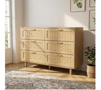 Commode six tiroirs couleur chêne, commode de chambre, meuble de rangement multifonctionnel, commode en bois naturel