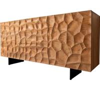 Buffet Solu 175 cm acacia naturel 2 portes 3 tiroirs pied flottant métal noir façade 3D