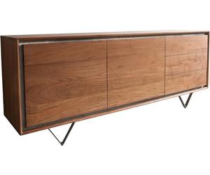 Commode Stonegrace acacia marron plaqué pierre 175 cm 2 portes 3 tiroirs | pied en V noir Sideboard