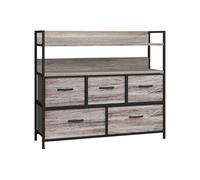 HOMCOM Commode avec 5 tiroirs en tissu pliables, commode chambre, meuble de rangement avec étagères ouvertes, plateau et cadre en acier, style industriel, pour chambre, salon, couloir, effet bois gris