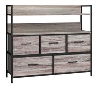 Commode style industriel - 5 tiroirs, 2 étagères - acier noir MDF non tissé effet bois gris