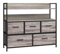 HOMCOM Commode avec 5 tiroirs en tissu pliables, commode chambre, meuble de rangement avec étagères ouvertes, plateau et cadre en acier, style industriel, pour chambre, salon, couloir, effet bois gris