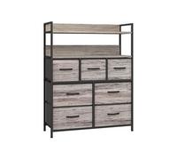 Commode style industriel - 7 tiroirs, 2 étagères - acier noir MDF non tissé effet bois gris