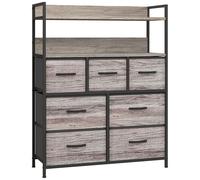 Commode style industriel - 7 tiroirs, 2 étagères - acier noir MDF non tissé effet bois gris