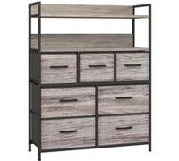 Commode style industriel - 7 tiroirs, 2 étagères - acier noir MDF non tissé effet bois gris Gris G