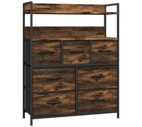 Commode style industriel - 7 tiroirs, 2 étagères - acier noir MDF non tissé effet bois vieilli