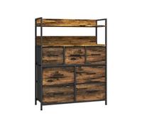 Commode style industriel - 7 tiroirs, 2 étagères - acier noir MDF non tissé effet bois vieilli