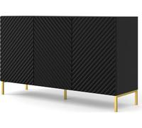 Commode SURF 3D 150 cm NOIR MATT Buffet 3 portes avec façades MDF fraisées Armoire Buffet BEINE GOLDEN