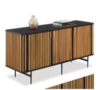 Commode - TECTAKE - Buffet LINEO en bois laqué et en acier revêtu par poudre avec 3 compartiments, 156 x 45,5 x 74 cm - Noir/Marron