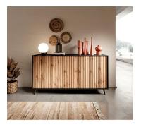 Commode trois portes - BELLO - 154 cm - noir / lamelles couleur chêne