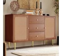 Commode Vintage à 6 tiroirs Finition Noyer avec détails en rotin, Buffet Haut pour Chambres et espaces de Vie, Pieds en métal élégants, Design de sécurité Arrondi.(Color:Noyer + Métal)