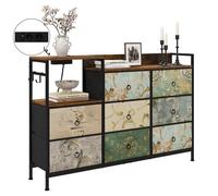 Commode WOLTU - 8 Tiroirs et Station de Charge - Métal et Bois d'Ingénierie - Motif de Fleur Vintage