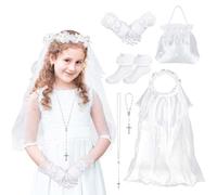 Communion Fille Voile Couronne Fleur Cheveux avec Voile Collier Chapelet Catholique Bracelet Chaussettes à Volants Gant Blanc Sac en Satin pour Première Communion,Mariage, Cadeau Communion Fille