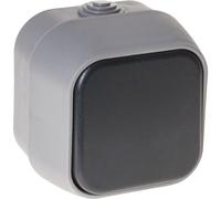 Commutateur Bert 1 touche IP54, élégant en gris, mesure 7 x 7 x 5 cm. Conçu pour contrôler l'éclairage avec style et résistance, parfait pour l'intérieur et l'extérieur.