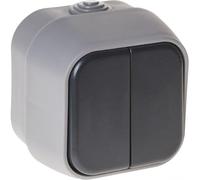 Commutateur double Bert IP54, couleur grise, dimensions 7 x 7 x 5 cm. Idéal pour l'intérieur et l'extérieur, résistant à l'eau et à la poussière, parfait pour les projets électriques dans des