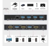 Commutateur Kvm Hdmi Usb 3.0,1 Moniteur,2 Ordinateurs,Commutateurs Kvm 4K @ 60 Hz,4 Ports Usb Pour 2 Ordinateurs,Partage,Moniteur,Clavier,Souris,Disques Durs 5 Gbit/S,2 Câbles