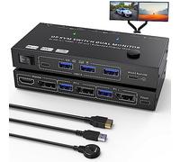 Commutateur KVM USB 3.0 Displayport 2 ordinateurs 2 moniteurs 8K@30hz 4K@144Hz, commutateur KVM double moniteur MST, avec 4 ports USB 3.0, télécommande filaire et câbles Displayport 1.4 inclus
