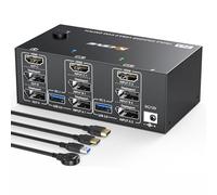 Commutateur KVM USB 3.0 HDMI + 2 DisplayPort à 3 moniteurs, commutateur KVM triple moniteur 8K @ 60 Hz/4 k @ 144 Hz pour 2 ordinateurs, 3 écrans et 4 appareils USB 3.0