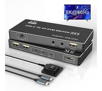 Commutateur KVM USB C 8K @ 60 Hz, 4K @ 120 Hz, 2 ports C pour 2 ordinateurs, 1 moniteur DisplayPort, 3 USB 2.0 et microphone audio, Thunderbolt et MacBook Pro