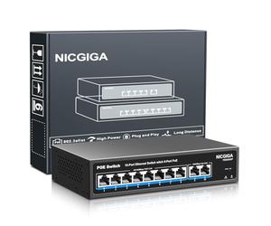 Commutateur PoE 8 Ports avec 8 Ports 100Mbps PoE+@120W + 2 * Ports Gigabit Uplink, NICGIGA 10 Port 802.3af/at Power Over Ethernet Network Switch Unmanaged, VLAN and 250m Extender Mode, Fanless.