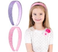 COMNICO Lot de 2 bandeaux à paillettes pour filles, jolis bandeaux larges et épais antidérapants à paillettes arc-en-ciel pour petites filles (rose + violet)