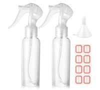 COMNICO Lot de 2 petits flacons pulvérisateurs de 100 ml en plastique transparent réutilisable avec entonnoirs étiquettes, récipient liquide rechargeable pour huiles essentielles, eau, jet