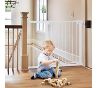 COMOMY 75-110cm Barriere de Securite Enfant, Barriere de Securite Chien Fermeture Automatique, Barrières d’Escaliers et de Portes sans Percage, Large Barrière de Métal avec Extension(76cm H, Blanc)