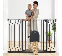 COMOMY Barriere de Securite Chien avec Porte Ajustable pour Chat, 75-123cm Barriere de Securite Enfant Extra Wide pour Escaliers et Portes, Barrière à Fermeture Automatique, 76cm de Haut (Noir)