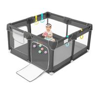 COMOMY Parc Bebe 127x127x66cm, Parc pour Bébés et Jeunes Enfants Large, 4 Anneaux de Traction, Filet Doux et Respirant, Centre d'Activités (Gris Foncé)