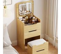 CompactLEDMakeupDeskwithFoldingMirrorHiddenStoolDrawers & GlassTopTriColorLEDLightsforbedroomVanitySpace SavingDressingTable