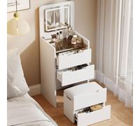 CompactLEDMakeupDeskwithTriColorLightsFoldableMirrorHiddenStoolGlassTopandStorage DrawersforBedroomVanity