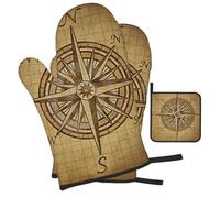 Compass Navigation Lot de 3 gants de cuisine et maniques imprimés résistants à la chaleur pour la cuisine, la pâtisserie, les grillades