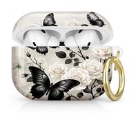 Compatible avec AirPod Pro 2e/1ère génération avec porte-clés, coque de protection complète antichoc sans fil pour Airpod Pro 2023/2022/2019 (papillons noirs, roses blanches, élégants)