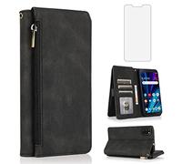 Compatible avec Alcatel TCL A3X A600DL Étui portefeuille en verre trempé avec fermeture éclair et porte-cartes pour TCLA3X TLC AX3 600DL 6" Noir
