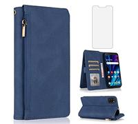 Compatible avec Alcatel TCL A3X A600DL Étui portefeuille en verre trempé avec protecteur d'écran à fermeture éclair rétro en cuir avec porte-cartes et support pour TCLA3X TLC AX3 600DL 6" pour homme et femme Bleu