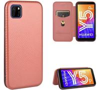 Compatible Avec Coque Huawei Y5p, Mince Flip Fibre De Carbone [Test De Chute] Antichoc Stand Fente Avec Carte, Protecteur D'écran En Verre Trempé*2-Marron