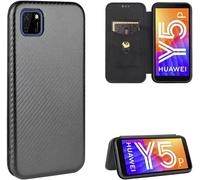 Compatible Avec Coque Huawei Y5p, Mince Flip Fibre De Carbone [Test De Chute] Antichoc Stand Fente Avec Carte, Protecteur D'écran En Verre Trempé*2-Noir