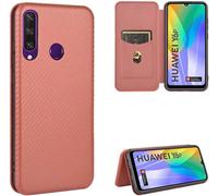 Compatible Avec Coque Huawei Y6p, Mince Flip Fibre De Carbone [Test De Chute] Antichoc Stand Fente Avec Carte, Protecteur D'écran En Verre Trempé*2-Marron