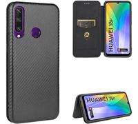 Compatible Avec Coque Huawei Y6p, Mince Flip Fibre De Carbone [Test De Chute] Antichoc Stand Fente Avec Carte, Protecteur D'écran En Verre Trempé*2-Noir