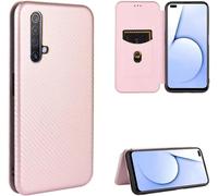 Compatible Avec Coque Oppo Realme X3, Mince Flip Fibre De Carbone Test De Chute Antichoc Stand Fente Avec Carte, Protecteur D'écran En Verre Trempé*2-Or Rose
