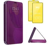 Compatible Avec Coque Samsung Galaxy A25 5g Flip Clear View Translucide Miroir Cover Standing 360°Housse Étui Antichoc Smart Cover Bumper + Film Verre Trempé 2 Pièce-Violet