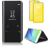Compatible Avec Coque Samsung Galaxy A25 5g Flip Clear View Translucide Miroir Cover Standing 360°Housse Étui Antichoc Smart Cover Bumper + Film Verre Trempé 2 Pièce-Noir