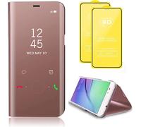 Compatible Avec Coque Samsung Galaxy A25 5g Flip Clear View Translucide Miroir Cover Standing 360°Housse Étui Antichoc Smart Cover Bumper + Film Verre Trempé 2 Pièce-Rose Or
