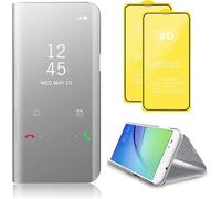 Compatible Avec Coque Samsung Galaxy M34 5g Flip Clear View Translucide Miroir Cover Standing 360°Housse Étui Antichoc Smart Cover Bumper + Film Verre Trempé 2 Pièce-Argent