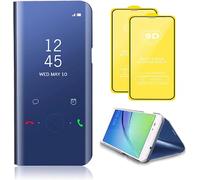 Compatible Avec Coque Samsung Galaxy M34 5g Flip Clear View Translucide Miroir Cover Standing 360°Housse Étui Antichoc Smart Cover Bumper + Film Verre Trempé 2 Pièce-Bleu