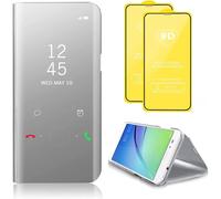 Compatible Avec Coque Samsung Galaxy S20 Fan Edition 5g Flip Clear View Translucide Miroir Cover Standing 360°Housse Étui Antichoc Smart Cover Bumper + Film Verre Trempé 2 Pièce-Argent