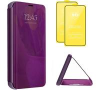 Compatible Avec Coque Samsung Galaxy S20 Fe 5g Flip Clear View Translucide Miroir Cover Standing 360°Housse Étui Antichoc Smart Cover Bumper + Film Verre Trempé 2 Pièce-Violet